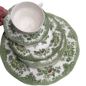 Enoch Wedgwood Tunstall Kent England Green Dinner Plate Cup & Saucer 2 Plate Set